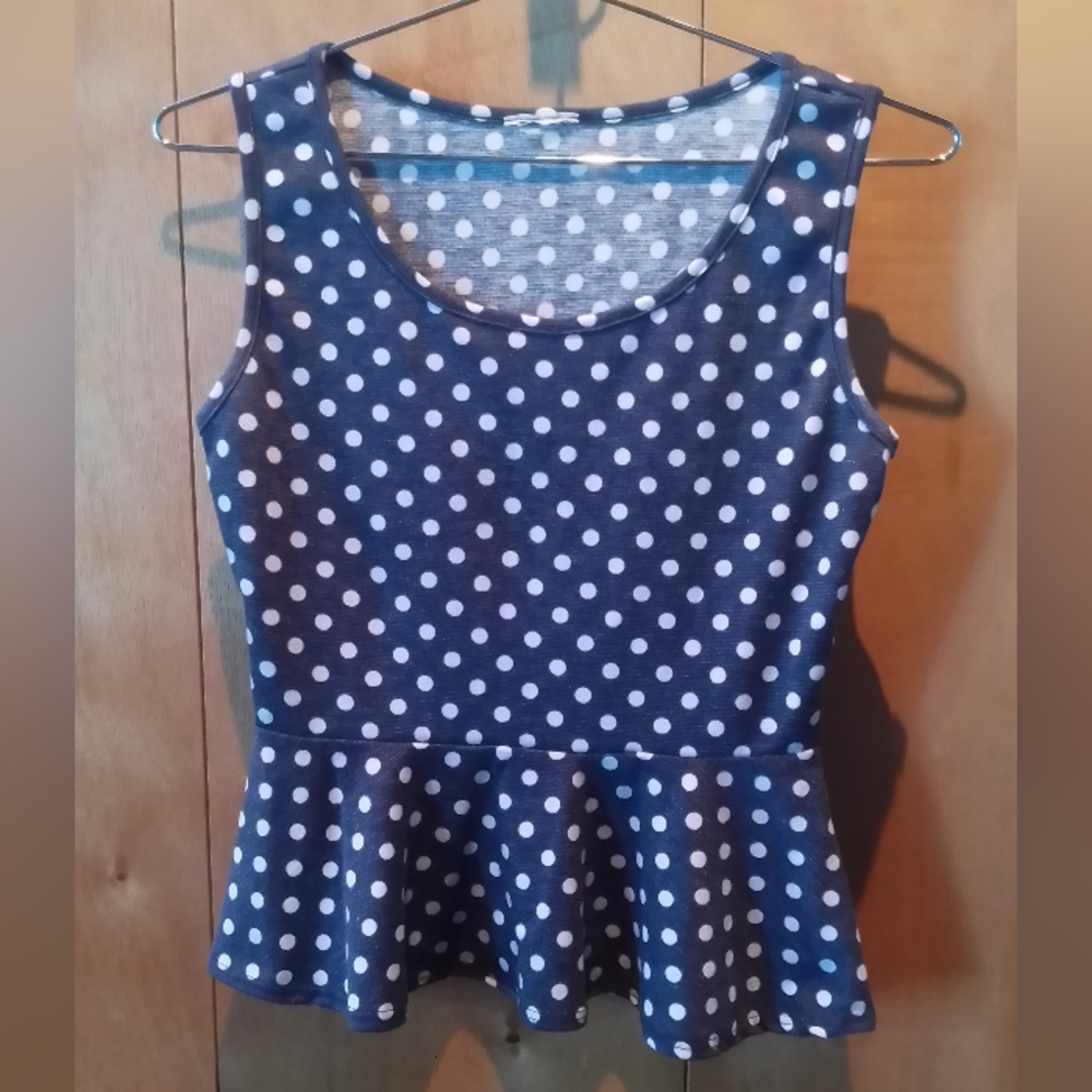 Polka Dot Sleeveless Peplum Top, Navy & White, Brand Unknown, Size Small